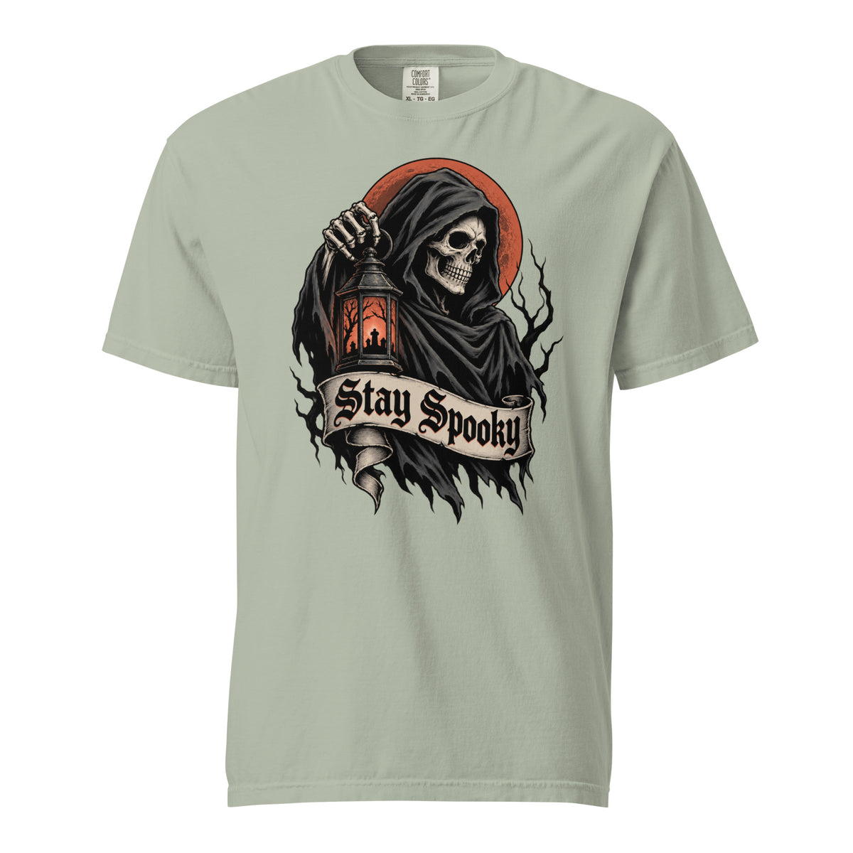 Front view of a Bay T-shirt featuring a hooded grim reaper skeleton holding a lantern beneath a “Stay Spooky” banner.
