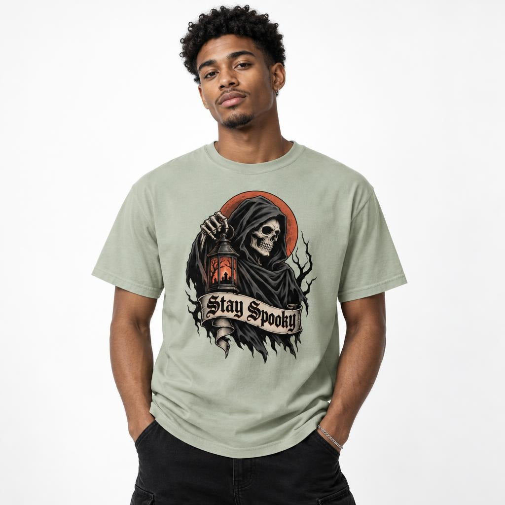 A model wears a Bay T-shirt featuring a hooded grim reaper skeleton holding a lantern, with a red moon and Stay Spooky banner.