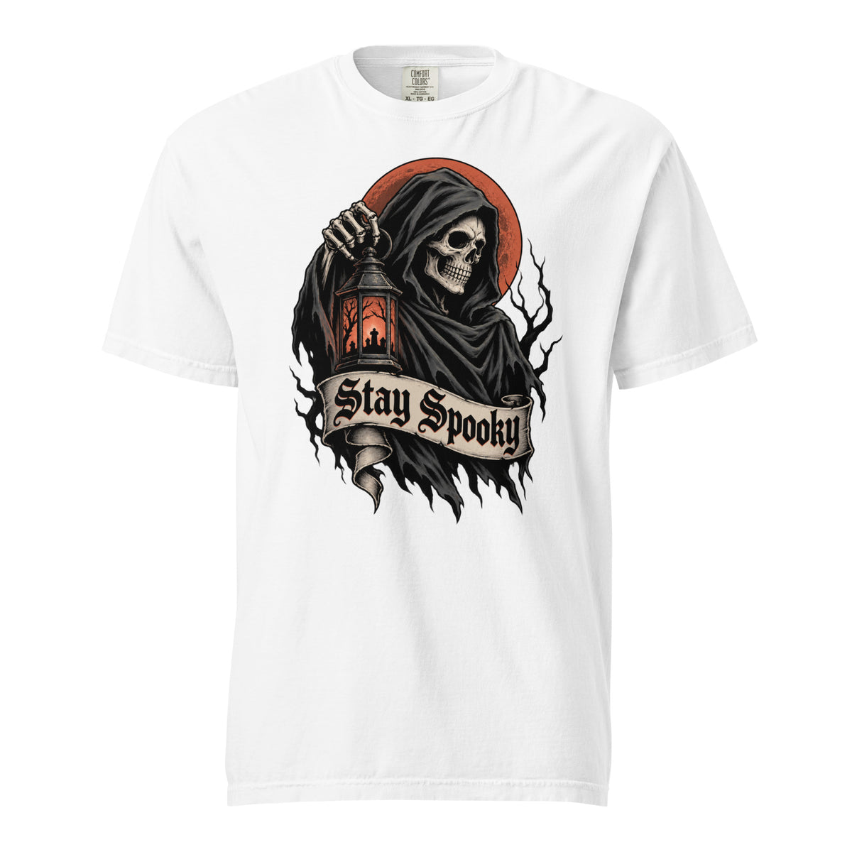 Front view of a white T-shirt featuring a hooded grim reaper skeleton holding a lantern beneath a red moon and Stay Spooky banner.
