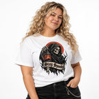 Model wearing a white T-shirt with a grim reaper skeleton holding a lantern beneath a red moon and a Stay Spooky banner.