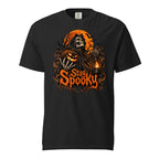 Front view of a black T-shirt featuring a Grim Reaper holding a glowing Pumpkin and Lantern beneath an orange moon, with Stay Spooky text.