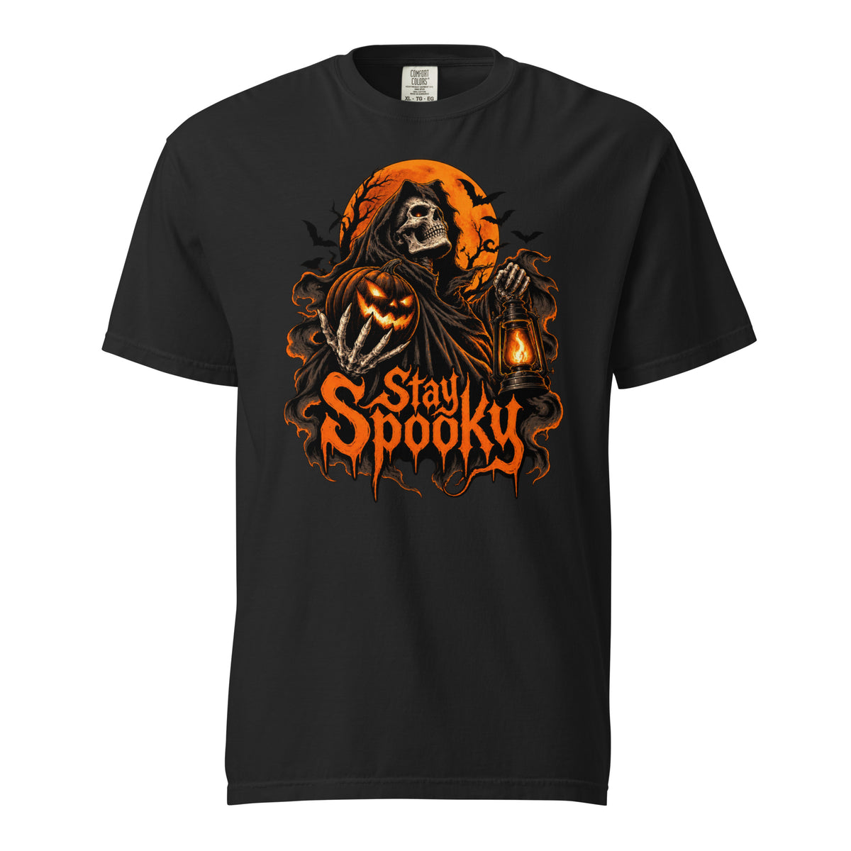 Front view of a black T-shirt featuring a Grim Reaper holding a glowing Pumpkin and Lantern beneath an orange moon, with Stay Spooky text.