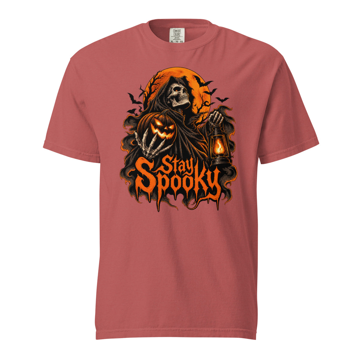 Crimson T-shirt with a front graphic of a grim reaper holding a pumpkin and lantern beneath bold “Stay Spooky” lettering.