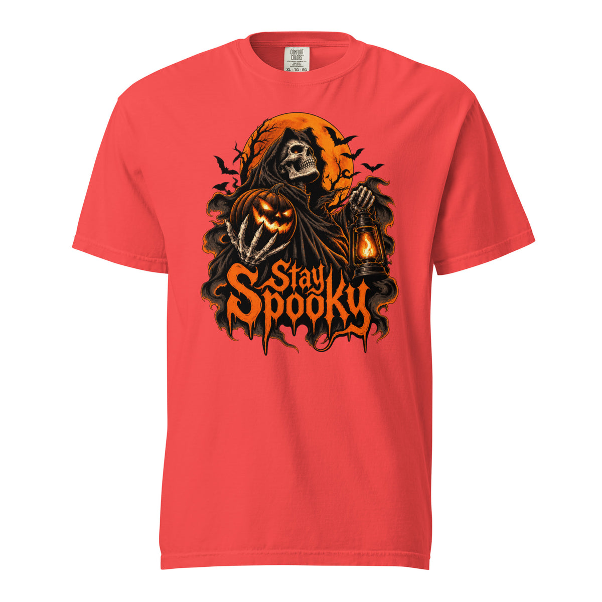 Front view of a Paprika T-shirt featuring a Grim Reaper, pumpkin, and lantern beneath bold dripping “Stay Spooky” lettering.