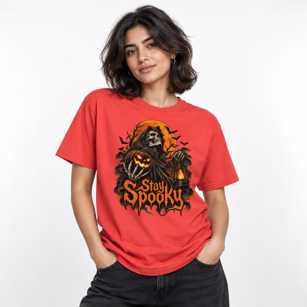 Paprika T-shirt featuring a Grim Reaper holding a glowing Pumpkin and Lantern beneath “Stay Spooky” lettering, with bats and an orange moon.