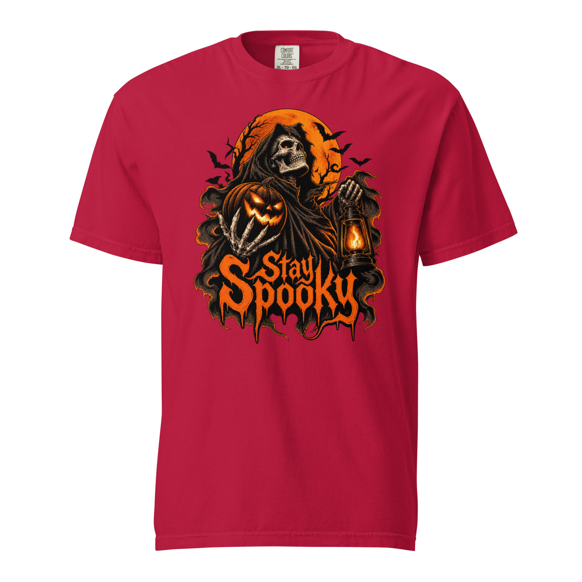 Front view of a Red T-shirt with a Grim Reaper holding a glowing Pumpkin and Lantern beneath “Stay Spooky” lettering.
