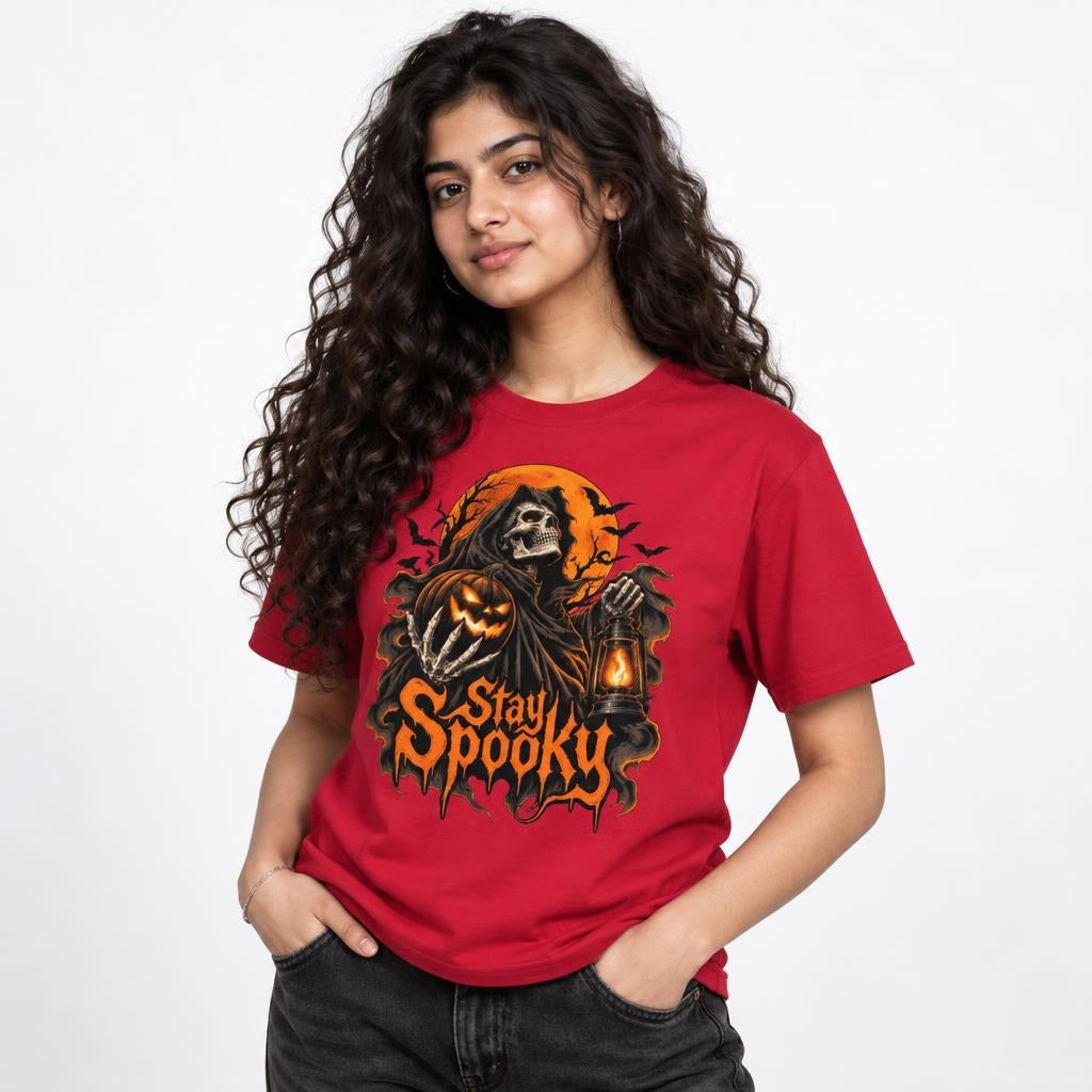 Red Stay Spooky T-shirt featuring a grim reaper, glowing pumpkin, and lantern beneath an orange full moon.
