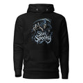 Front view of a black hoodie with Stay Spooky lettering, a hooded grim reaper with skull face, scythe, and crescent moon artwork.