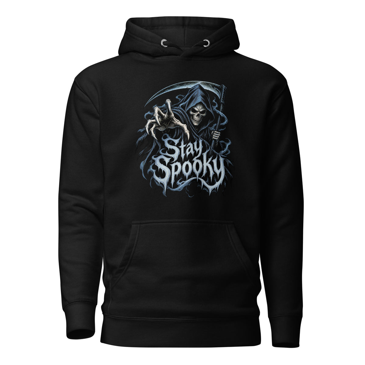 Front view of a black hoodie with Stay Spooky lettering, a hooded grim reaper with skull face, scythe, and crescent moon artwork.