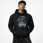 Model wearing a black hoodie with front artwork of a grim reaper, skull and crescent moon above Stay Spooky lettering.