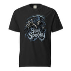 Front view of a Black T-shirt featuring a hooded Grim Reaper with a Skeleton face, raised hand, curved Scythe, and distressed “Stay Spooky” lettering.