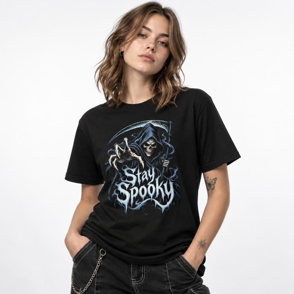 Front lifestyle view of a model wearing a Black T-shirt with a Grim Reaper, Skeleton and Scythe graphic reading “Stay Spooky”.
