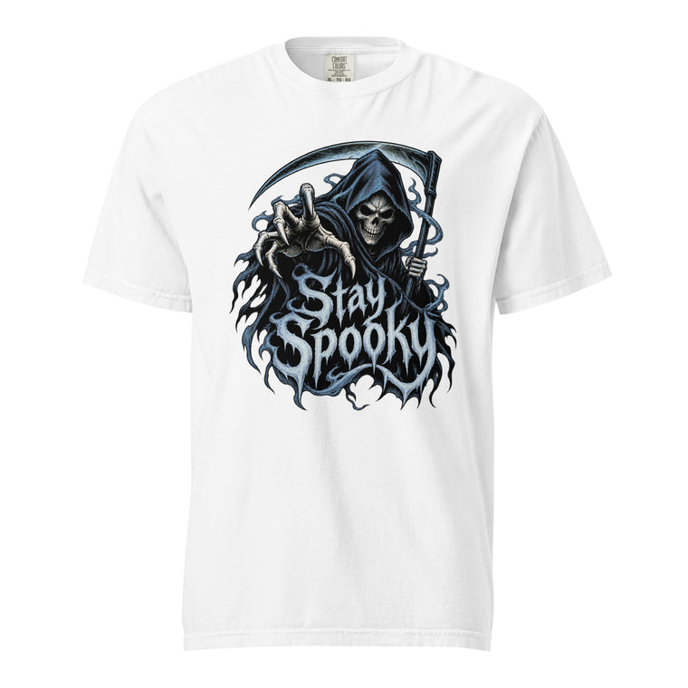 Front view of a white T-shirt featuring a hooded Grim Reaper with a skull face, skeletal hand, curved scythe, and Stay Spooky lettering.