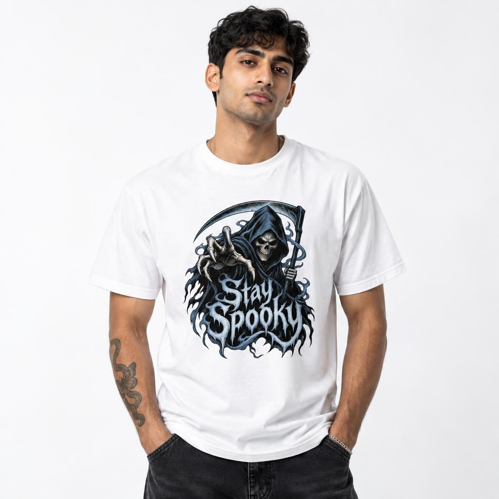 Front view of a model wearing a White T-shirt with a Grim Reaper, Skeleton and Scythe beneath distressed Stay Spooky lettering.