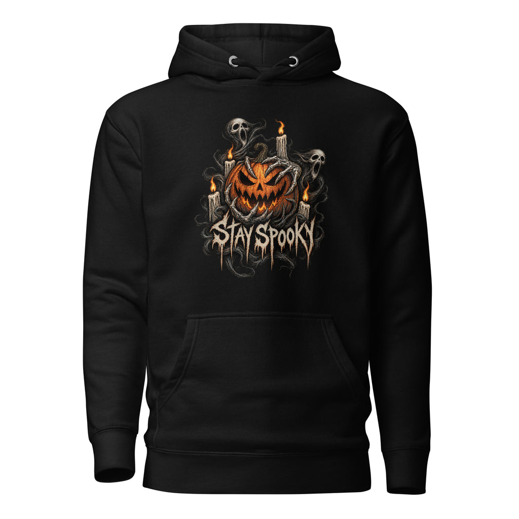 Front view of a Black hoodie with a grinning jack-o'-lantern, ghosts, skeletal hands, candles, and distressed “STAY SPOOKY” lettering.