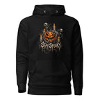 Front view of a Black hoodie with a grinning jack-o'-lantern, ghosts, skeletal hands, candles, and distressed “STAY SPOOKY” lettering.
