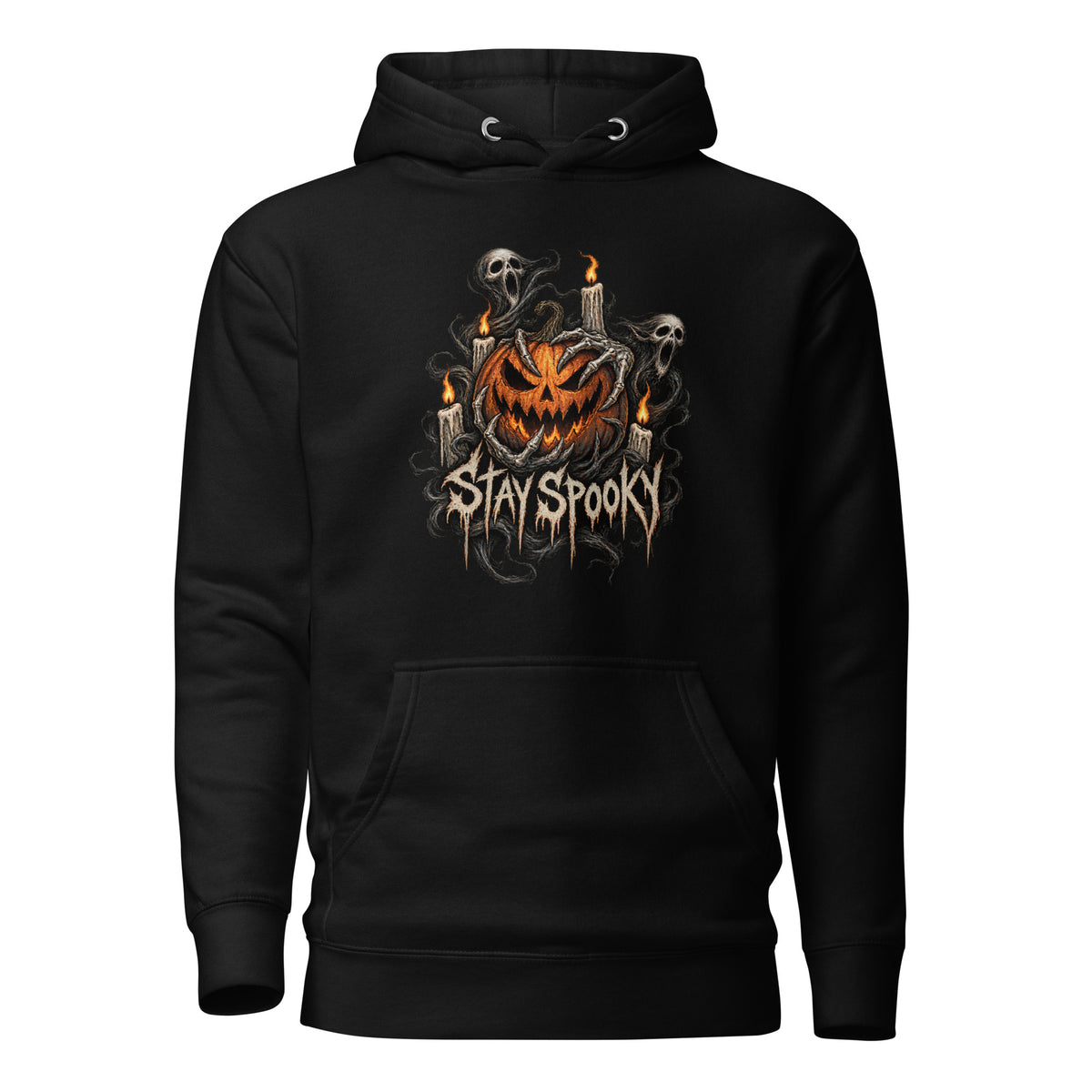 Front view of a Black hoodie with a grinning jack-o'-lantern, ghosts, skeletal hands, candles, and distressed “STAY SPOOKY” lettering.
