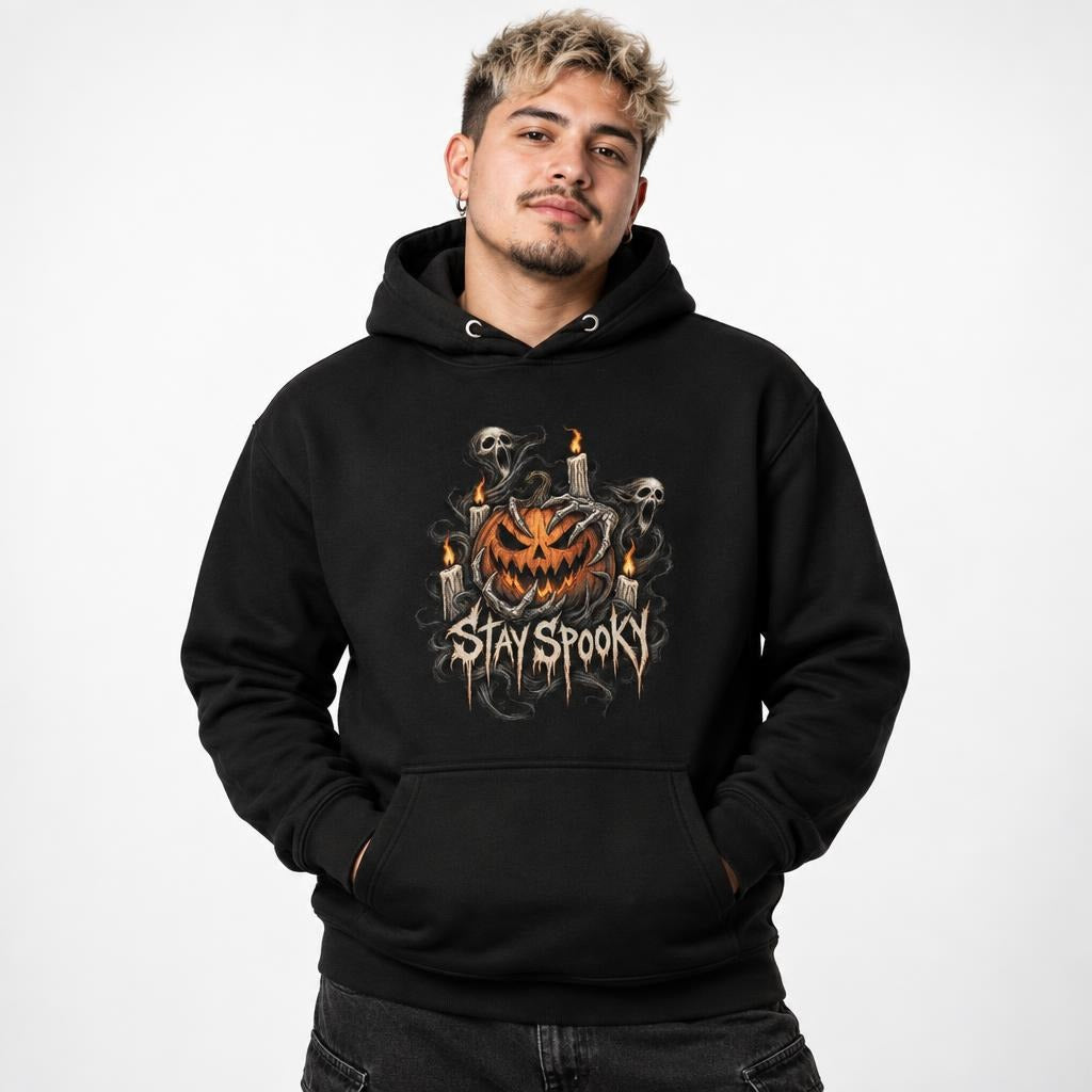 Model wearing a black hoodie with a grinning jack-o'-lantern, ghosts, skeletons, candles, and distressed “STAY SPOOKY” lettering.