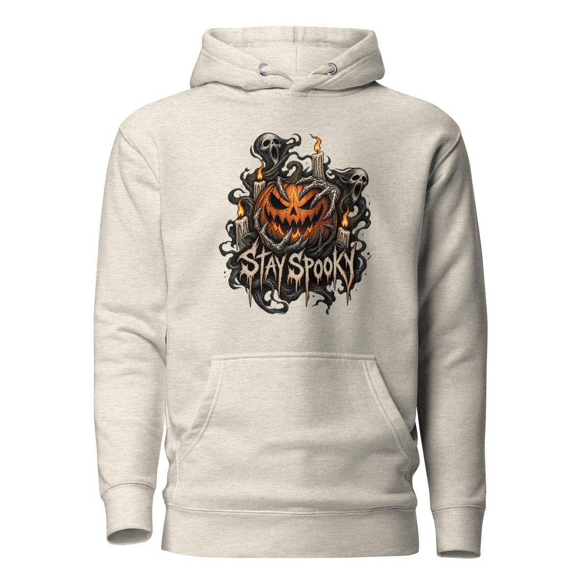 Front view of an Oatmeal Heather hoodie with a grinning jack-o'-lantern, ghosts, skeleton details, and distressed “STAY SPOOKY” artwork.