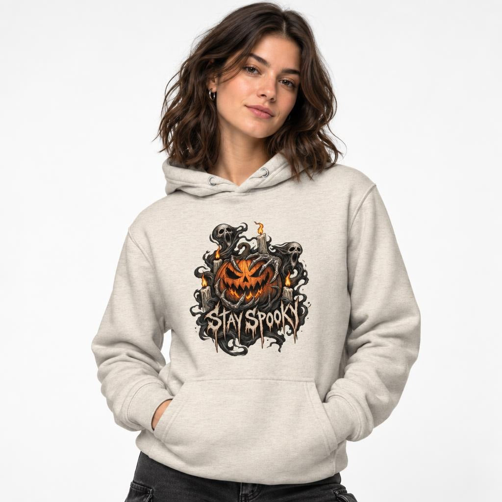 Front view of an Oatmeal Heather hoodie worn by a model, featuring a grinning jack-o'-lantern, ghosts, skeleton, and “STAY SPOOKY” text.