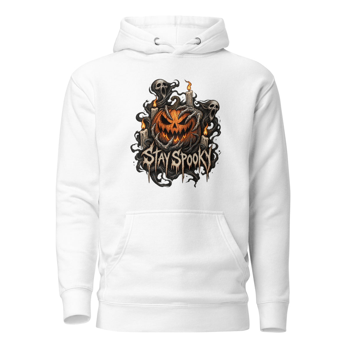 Front view of a white hoodie featuring a grinning jack-o'-lantern, ghosts, skeletal details, and distressed “STAY SPOOKY” lettering.