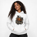 A model wears a White hoodie with a grinning jack-o'-lantern, ghosts, skeletal hands, and STAY SPOOKY artwork.