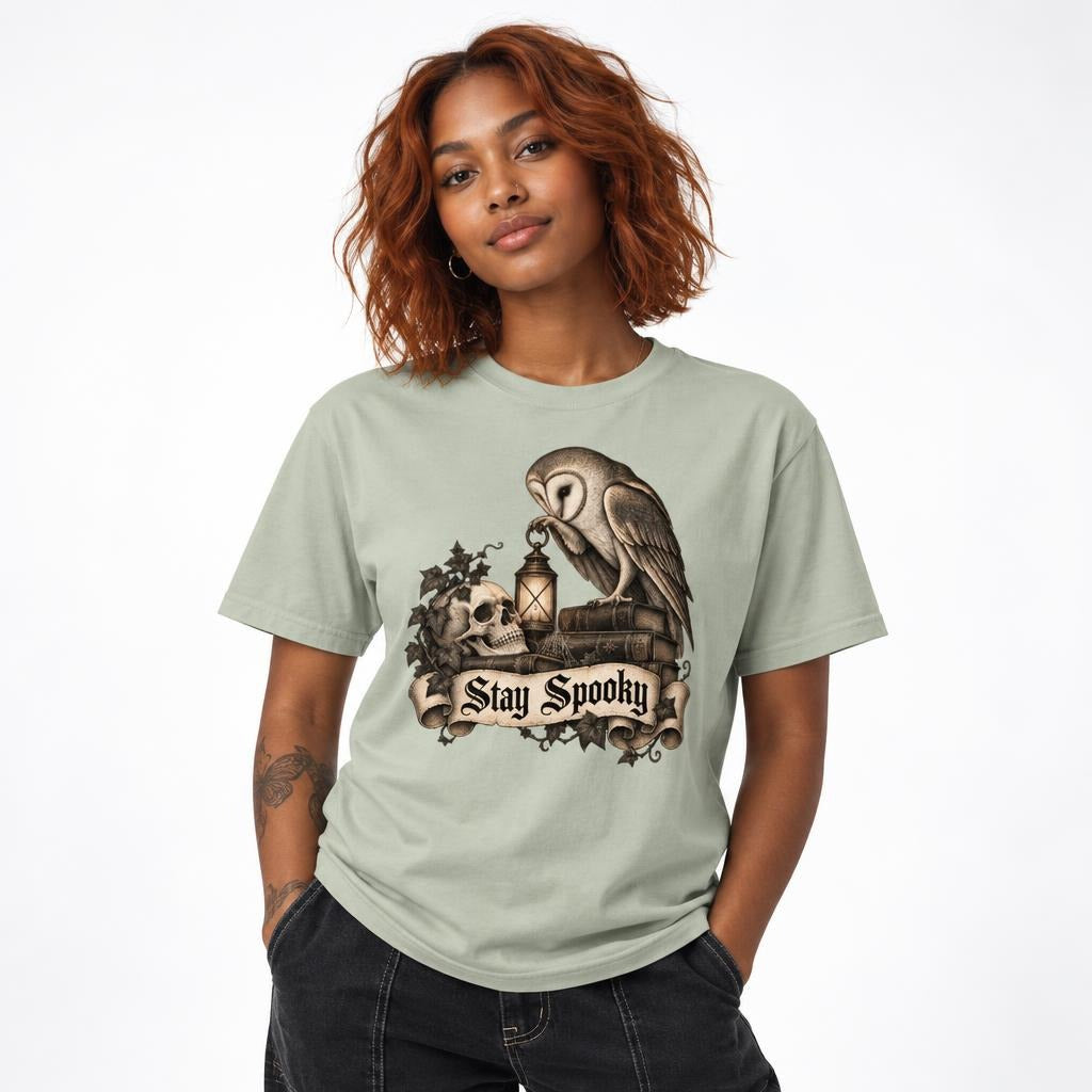 Front view of a Bay T-shirt featuring an owl, skull, and lantern above a scroll reading “Stay Spooky.”