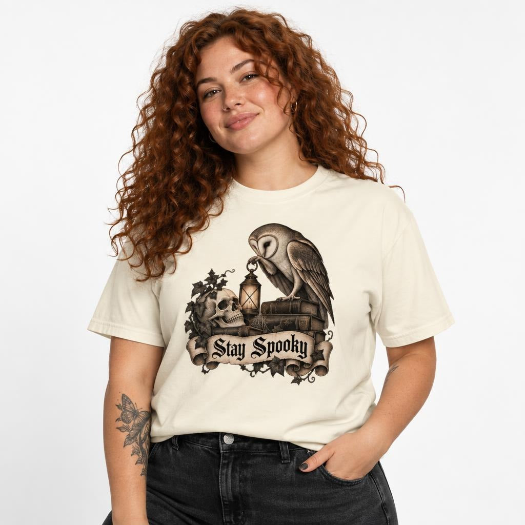 Model wearing an Ivory T-Shirt with a vintage gothic Stay Spooky design featuring an owl, skull, lantern, books, and scroll lettering.