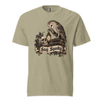 Front view of a Khaki T-Shirt featuring an owl, skull and lantern above a “Stay Spooky” scroll banner.