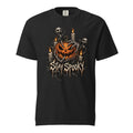 Front view of a black T-shirt featuring a grinning orange pumpkin, skeletal ghosts, candles, and distressed “STAY SPOOKY” lettering.