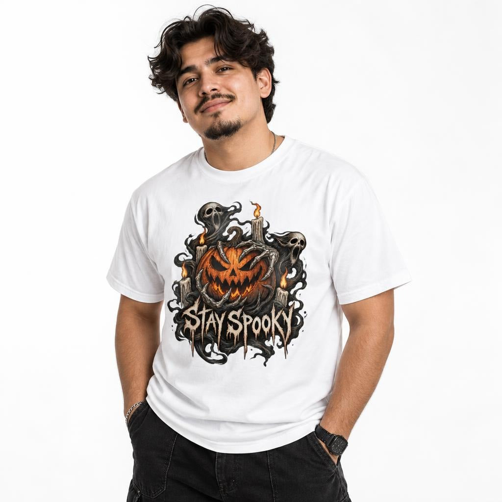 Front view of a model wearing a white T-shirt with a grinning pumpkin, skeleton ghosts, candles, and distressed STAY SPOOKY lettering
