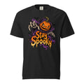 Black T-shirt with a front graphic of an angry pumpkin, reaching skeleton hands, black bats, and dripping “Stay Spooky” lettering.