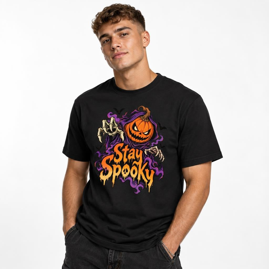 Front view of a model wearing a black T-shirt with a Stay Spooky graphic featuring an angry pumpkin, skeleton hands, and bats.
