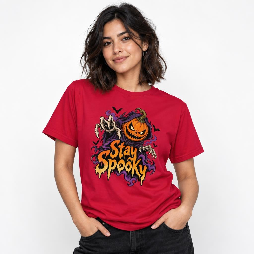 Front view of a red T-shirt with a Stay Spooky graphic featuring an angry pumpkin, skeletal hands, purple smoke, and black bats.