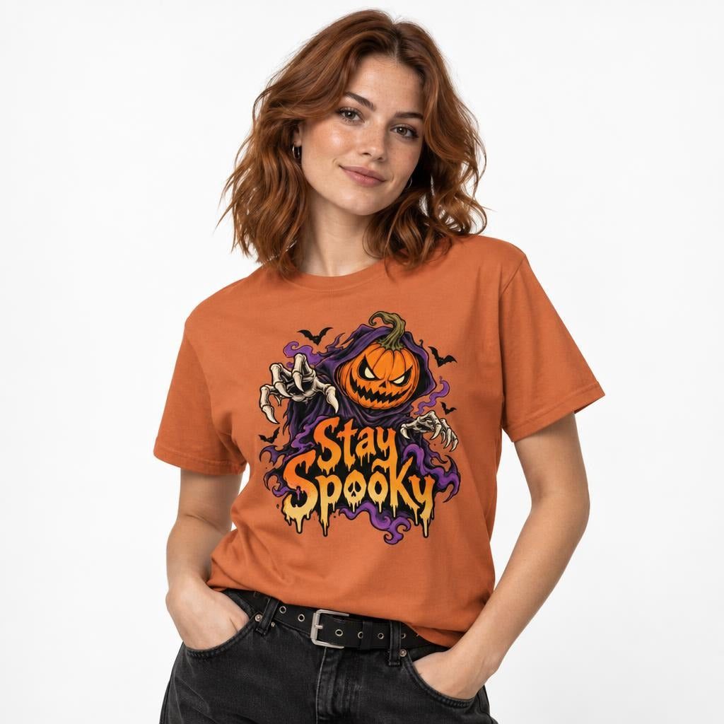Front view of a Yam T-shirt with a bold Stay Spooky graphic featuring an angry pumpkin, skeletal hands, purple smoke, and black bats.