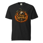 Front view of a black T-shirt with an orange pumpkin, skull, haunted castle, and ornate gothic Stay Spooky Halloween artwork.