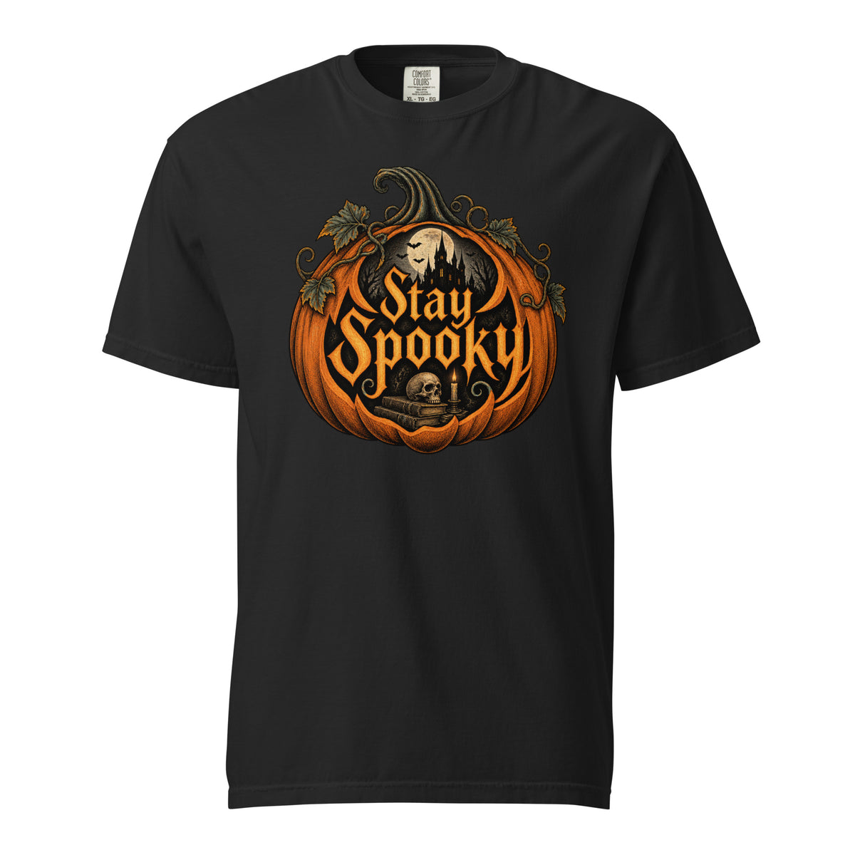 Front view of a black T-shirt with an orange pumpkin, skull, haunted castle, and ornate gothic Stay Spooky Halloween artwork.