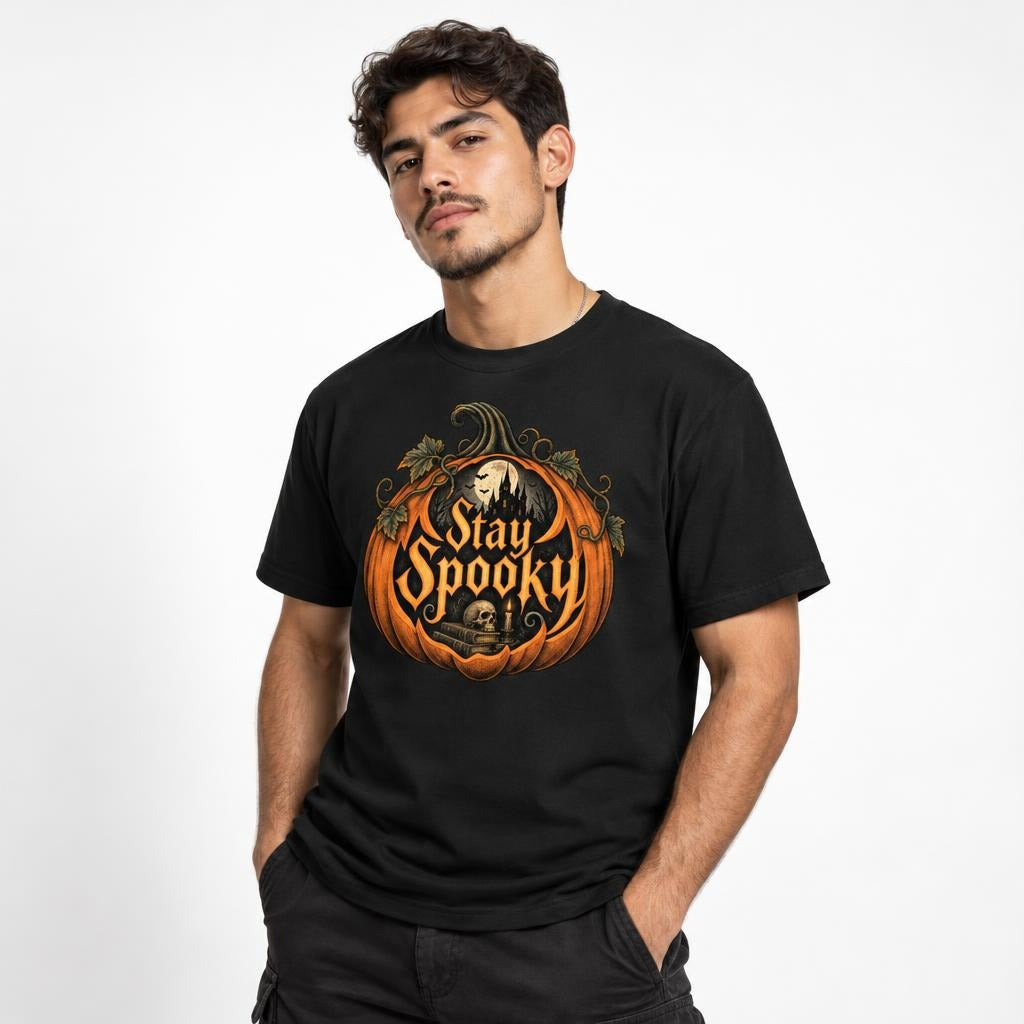 Model wearing a Black T-Shirt with ornate “Stay Spooky” lettering inside a pumpkin, featuring a skull and haunted castle Halloween scene.