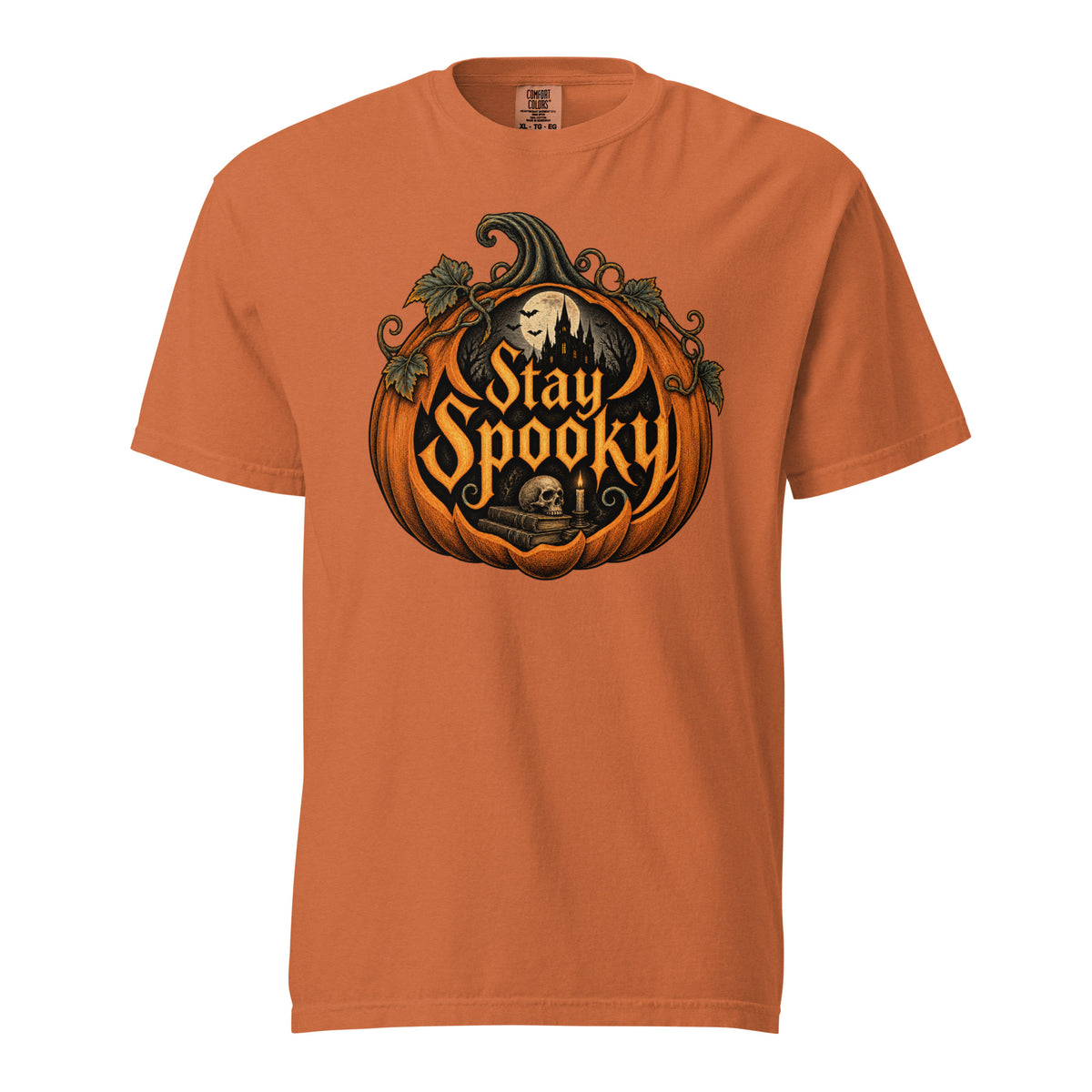Front view of a Yam T-shirt featuring “Stay Spooky” in a pumpkin with a skull and haunted castle Halloween illustration.