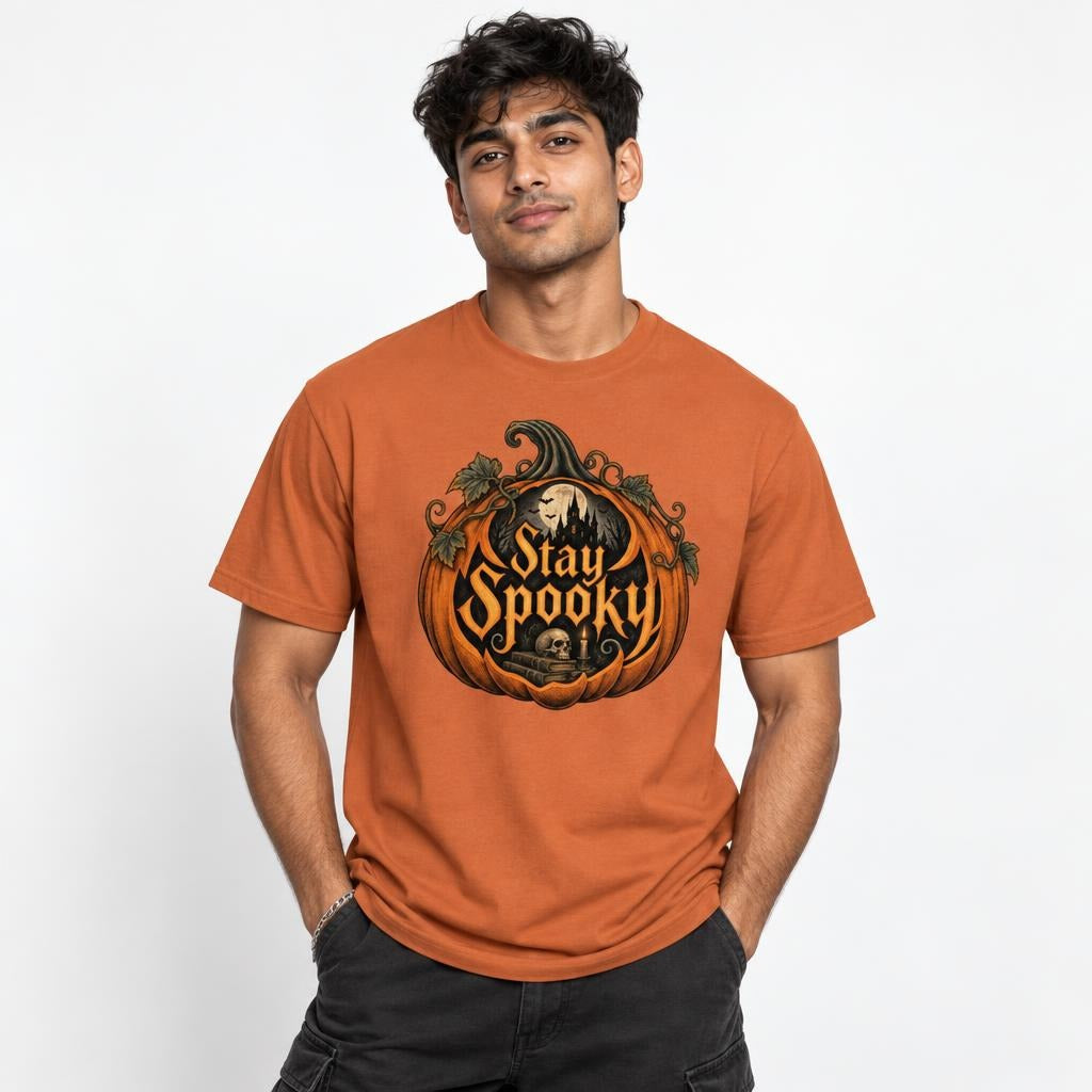 Front view of a model wearing a Yam T-shirt with ornate Stay Spooky artwork featuring a pumpkin, skull, and haunted castle.
