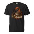 Black T-shirt with a gothic front graphic showing a raven perched on a skull before an orange full moon, with “Stay Spooky” text.