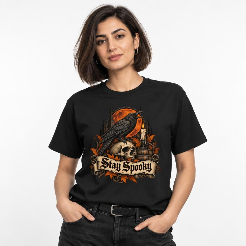 Model wearing a black T-shirt with a raven perched on a skull beneath an orange full moon and “Stay Spooky” lettering.