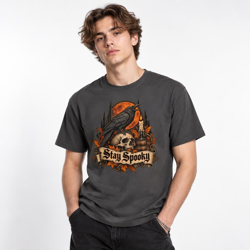 Model wearing a graphite T-shirt with a raven perched on a skull before an orange full moon and “Stay Spooky” gothic lettering.