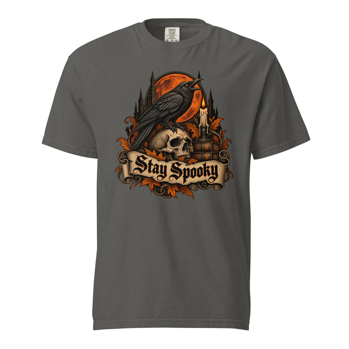 Front view of a Pepper T-shirt with a gothic Raven perched on a Skull before a Full Moon and “Stay Spooky” lettering.