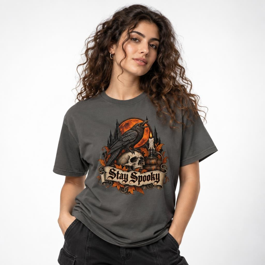 Model wearing a Pepper T-shirt with a gothic Raven, Skull, Full Moon, candle, books and “Stay Spooky” artwork.