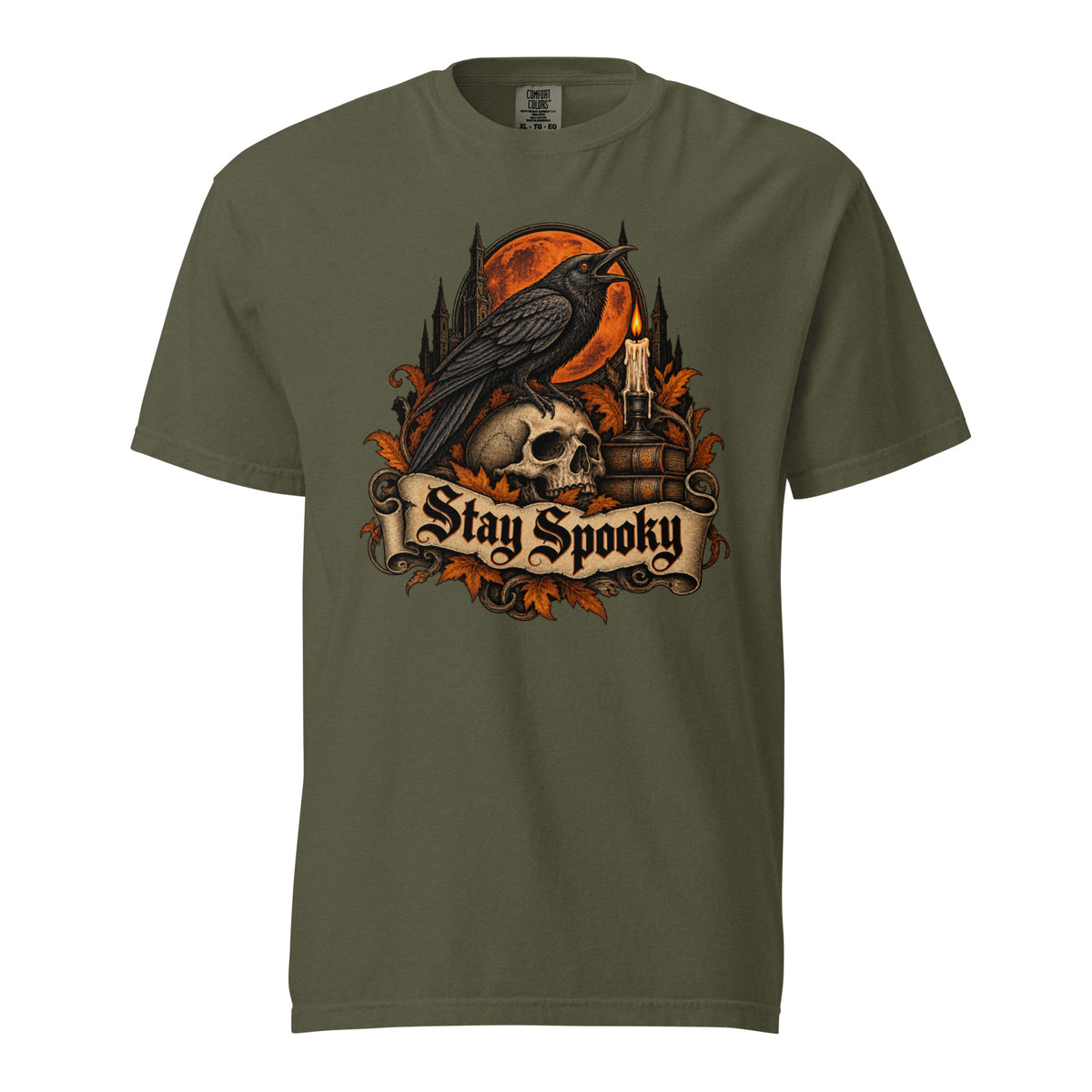 Front view of a Sage T-shirt with a gothic Stay Spooky graphic featuring a raven, skull, and orange full moon.