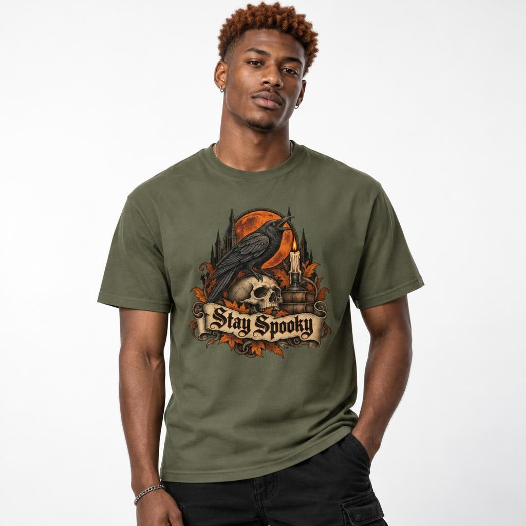 Model wearing a sage T-shirt with a gothic graphic of a raven perched on a skull before an orange full moon and “Stay Spooky” text.