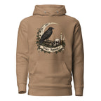 Front view of a Latte hoodie featuring a black raven, skull, crescent moon, candle, books, ivy, and “Stay Spooky” artwork.