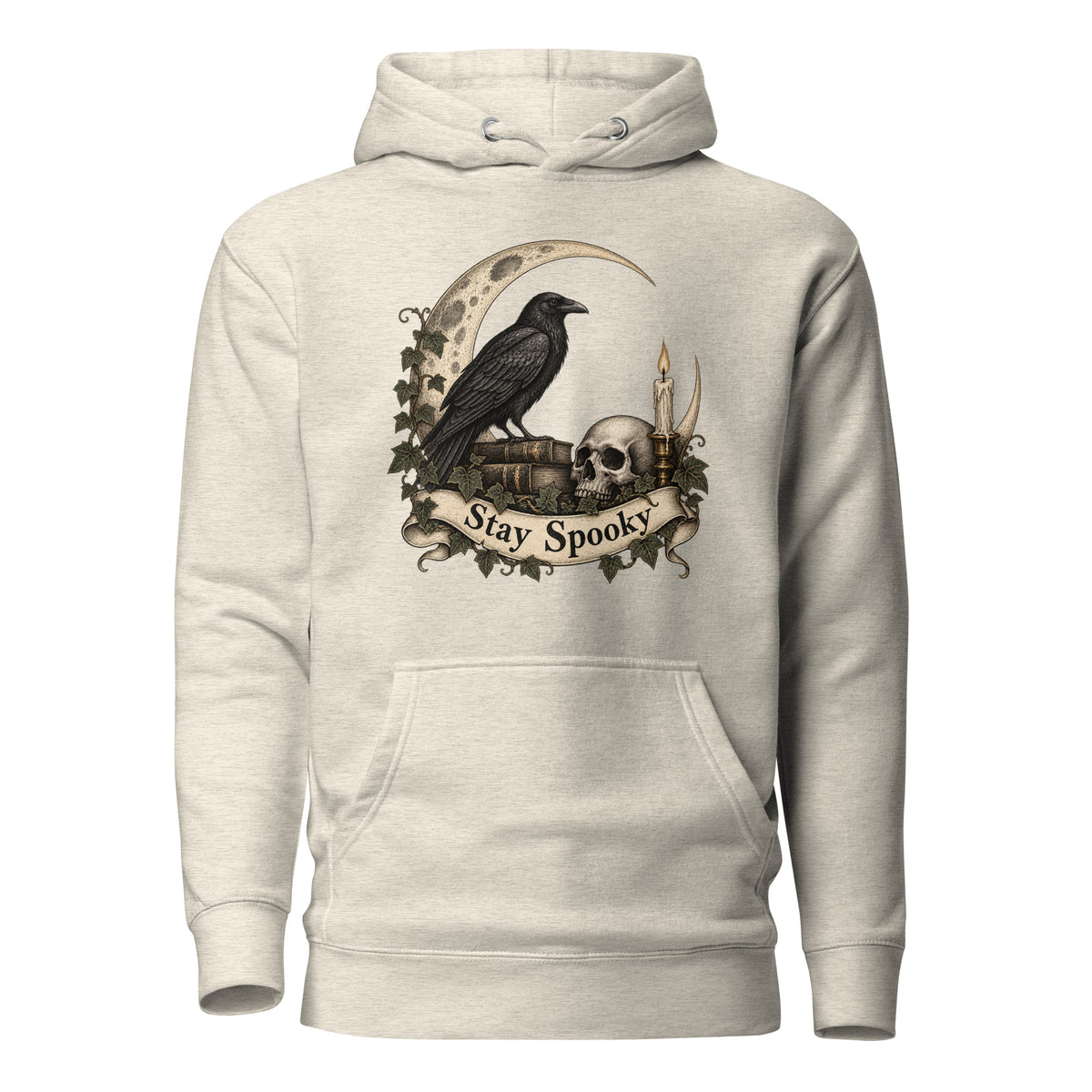 Front view of an Oatmeal Heather hoodie featuring a raven, skull, crescent moon, candle, ivy, and “Stay Spooky” scroll artwork.