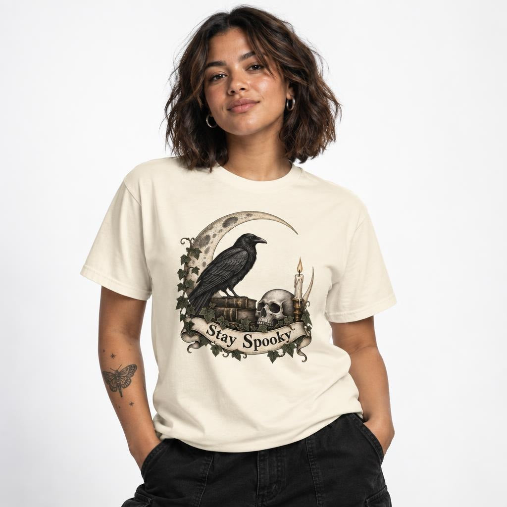 Model wearing an Ivory T-shirt with a vintage gothic Stay Spooky design featuring a raven, skull, crescent moon and candle.